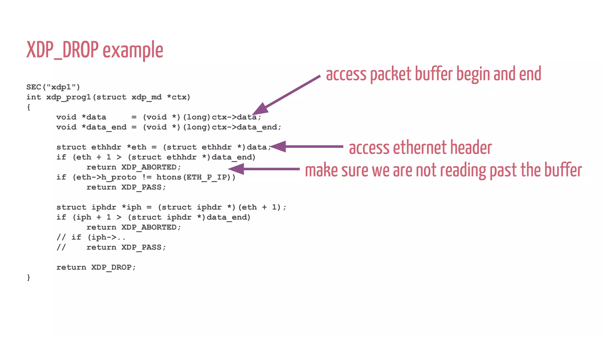 XDP_DROP example
SEC("xdp1")
int xdp_prog1(struct xdp_md *ctx)
{
void *data = (void *)(long)ctx->data;
void *data_end = (void *)(long)ctx->data_end;
struct ethhdr *eth = (struct ethhdr *)data;
if (eth + 1 > (struct ethhdr *)data_end)
return XDP_ABORTED;
if (eth->h_proto != htons(ETH_P_IP))
return XDP_PASS;
struct iphdr *iph = (struct iphdr *)(eth + 1);
if (iph + 1 > (struct iphdr *)data_end)
return XDP_ABORTED;
// if (iph->..
// return XDP_PASS;
return XDP_DROP;
}
access packet buffer begin and end
access ethernet header
make sure we are not reading past the buffer
 