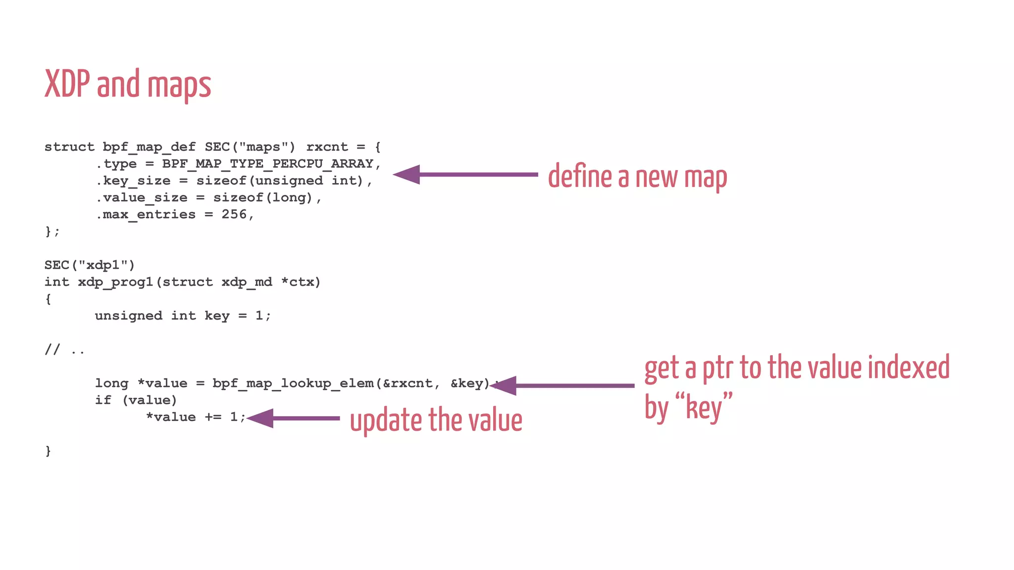 XDP and maps
struct bpf_map_def SEC("maps") rxcnt = {
.type = BPF_MAP_TYPE_PERCPU_ARRAY,
.key_size = sizeof(unsigned int),
.value_size = sizeof(long),
.max_entries = 256,
};
SEC("xdp1")
int xdp_prog1(struct xdp_md *ctx)
{
unsigned int key = 1;
// ..
long *value = bpf_map_lookup_elem(&rxcnt, &key);
if (value)
*value += 1;
}
define a new map
get a ptr to the value indexed
by “key”update the value
 