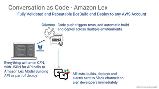 Conversation as Code - Amazon Lex
Fully Validated and Repeatable Bot Build and Deploy to any AWS Account
Everything written in CFN,
with JSON for API calls to
Amazon Lex Model Building
API as part of deploy
Code push triggers tests, and automatic build
and deploy across multiple environments
All tests, builds, deploys and
alarms sent to Slack channels to
alert developers immediately
Gillian Armstrong @virtualgill
 