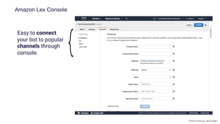 Amazon Lex Console
Easy to connect
your bot to popular
channels through
console.
Gillian Armstrong @virtualgill
 