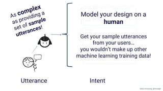 IntentUtterance
As complex
as providing a
set of sample
utterances!
Book Meeting at <TIME> on <DATE>
Set up Appointment
Create event on <DATE>
Set up Meeting
Book me a meeting at <TIME>
…
Hello
Hi there
Hey
Good Morning
…
Help
What can you do
Help me
I need help
…
BOOKMEETINGSAYHELLOGETHELP
Model your design on a
human
Get your sample utterances
from your users…
you wouldn’t make up other
machine learning training data!
Gillian Armstrong @virtualgill
 