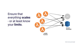 Ensure that
everything scales
- or at least know
your limits.
API
Lambda
functions
Amazon
DynamoDB
Gillian Armstrong @virtualgill
 