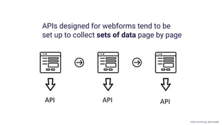 API API API
APIs designed for webforms tend to be
set up to collect sets of data page by page
Gillian Armstrong @virtualgill
 