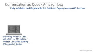 Conversation as Code - Amazon Lex
Fully Validated and Repeatable Bot Build and Deploy to any AWS Account
Everything written in CFN,
with JSON for API calls to
Amazon Lex Model Building
API as part of deploy
Gillian Armstrong @virtualgill
 