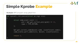 Simple Kprobe Example
20
Example: BPF program using gobpf/bcc:
 