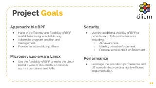 Project Goals
22
Approachable BPF
● Make the efficiency and flexibility of BPF
available in an approachable way
● Automate program creation and
management
● Provide an extendable platform
Microservices-aware Linux
● Use the flexibility of BPF to make the Linux
kernel aware of cloud native concepts
such as containers and APIs.
Security
● Use the additional visibility of BPF to
provide security for microservices
including:
○ API awareness
○ Identity based enforcement
○ Process level context enforcement
Performance
● Leverage the execution performance and
JIT compiler to provide a highly efficient
implementation.
 