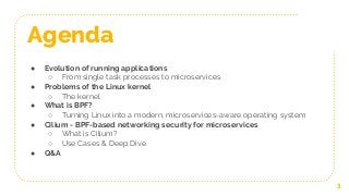 Agenda
● Evolution of running applications
○ From single task processes to microservices
● Problems of the Linux kernel
○ The kernel
● What is BPF?
○ Turning Linux into a modern, microservices-aware operating system
● Cilium - BPF-based networking security for microservices
○ What is Cilium?
○ Use Cases & Deep Dive
● Q&A
3
 