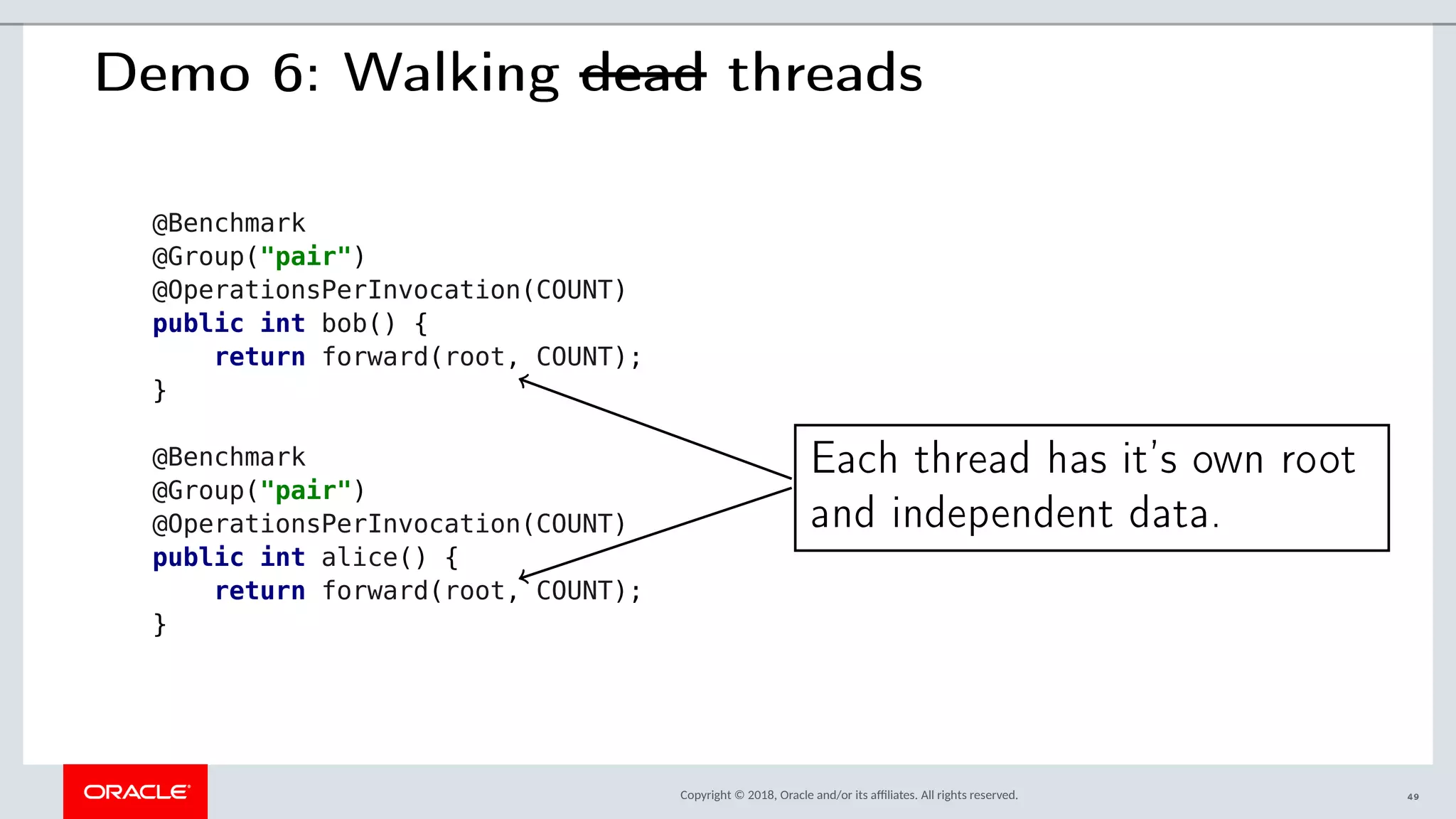 Copyright © 2018, Oracle and/or its afliates. All rights reserved.
Demo 6: Walking dead threads
@Benchmark
@Group("pair")
@OperationsPerInvocation(COUNT)
public int bob() {
return forward(root, COUNT);
}
@Benchmark
@Group("pair")
@OperationsPerInvocation(COUNT)
public int alice() {
return forward(root, COUNT);
}
Each thread has it’s own root
and independent data.
49
 