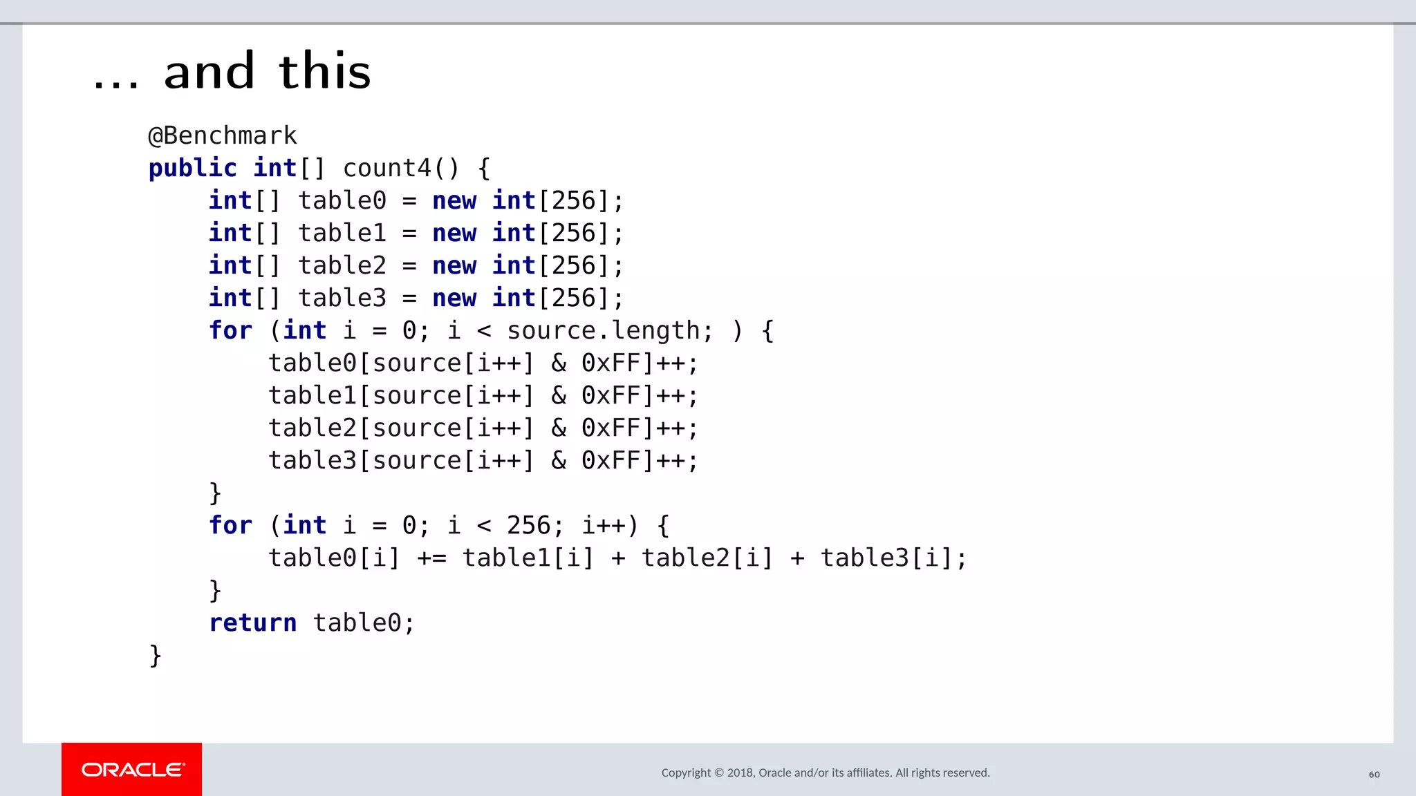 Copyright © 2018, Oracle and/or its afliates. All rights reserved.
... and this
@Benchmark
public int[] count4() {
int[] table0 = new int[256];
int[] table1 = new int[256];
int[] table2 = new int[256];
int[] table3 = new int[256];
for (int i = 0; i < source.length; ) {
table0[source[i++] & 0xFF]++;
table1[source[i++] & 0xFF]++;
table2[source[i++] & 0xFF]++;
table3[source[i++] & 0xFF]++;
}
for (int i = 0; i < 256; i++) {
table0[i] += table1[i] + table2[i] + table3[i];
}
return table0;
}
60
 