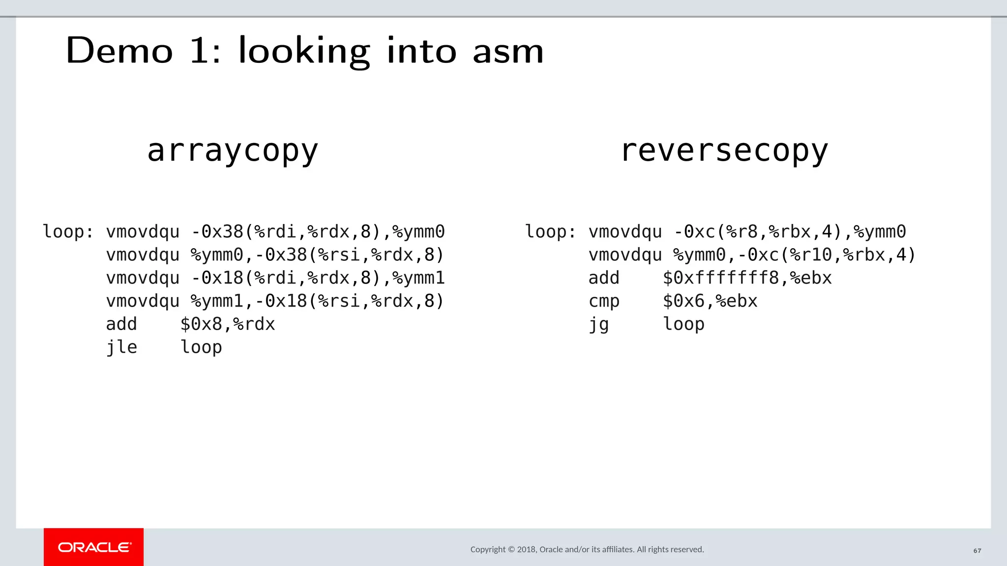 Copyright © 2018, Oracle and/or its afliates. All rights reserved.
Demo 1: looking into asm
loop: vmovdqu -0x38(%rdi,%rdx,8),%ymm0
vmovdqu %ymm0,-0x38(%rsi,%rdx,8)
vmovdqu -0x18(%rdi,%rdx,8),%ymm1
vmovdqu %ymm1,-0x18(%rsi,%rdx,8)
add $0x8,%rdx
jle loop
loop: vmovdqu -0xc(%r8,%rbx,4),%ymm0
vmovdqu %ymm0,-0xc(%r10,%rbx,4)
add $0xfffffff8,%ebx
cmp $0x6,%ebx
jg loop
arraycopy reversecopy
67
 