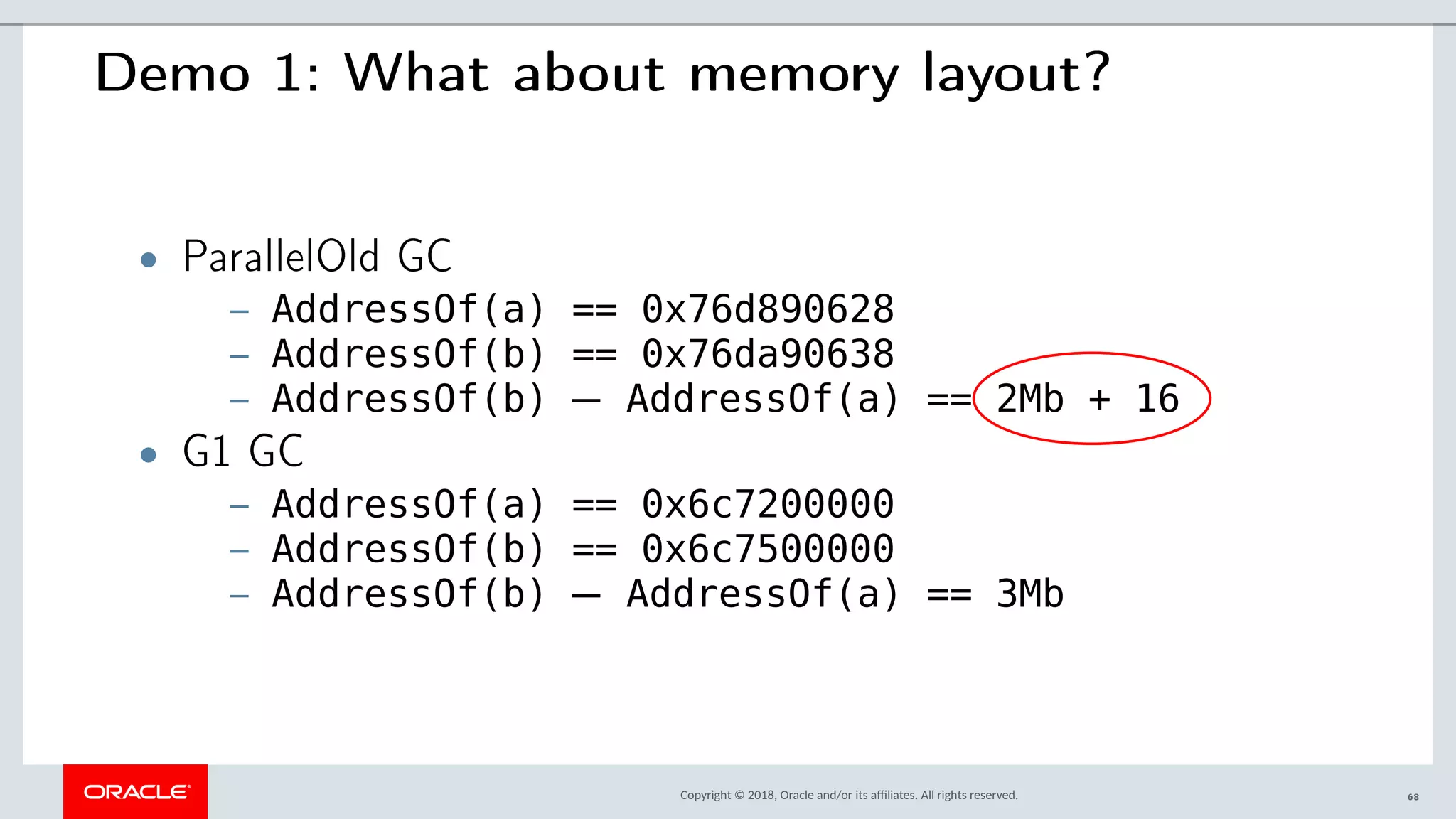 Copyright © 2018, Oracle and/or its afliates. All rights reserved.
Demo 1: What about memory layout?
• ParallelOld GC
– AddressOf(a) == 0x76d890628
– AddressOf(b) == 0x76da90638
– AddressOf(b) − AddressOf(a) == 2Mb + 16
• G1 GC
– AddressOf(a) == 0x6c7200000
– AddressOf(b) == 0x6c7500000
– AddressOf(b) − AddressOf(a) == 3Mb
68
 