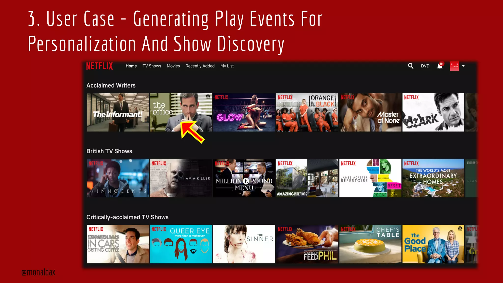 3. User Case - Generating Play Events For
Personalization And Show Discovery
@monaldax
 