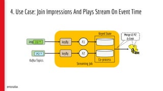 impressions
Streaming Job
keyBy F1
4. Use Case: Join Impressions And Plays Stream On Event Time
Co-process
@monaldax
Kafka Topics
keyBy F2playsP2 K
Keyed State
I1 K
I2 K
Merge I2 P2
& Emit
Merge I2 P2
& Emit
 