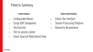 1. Configurable Router
2. Script UDF Component
3. The Enricher
4. The Co-process Joiner
5. Event-Sourced Materialized View
Patterns Summary
@monaldax
6. Elastic Dev Interface
7. Stream Processing Platform
8. Rewind & Restatement
FUNCTIONAL NON-FUNCTIONAL
 