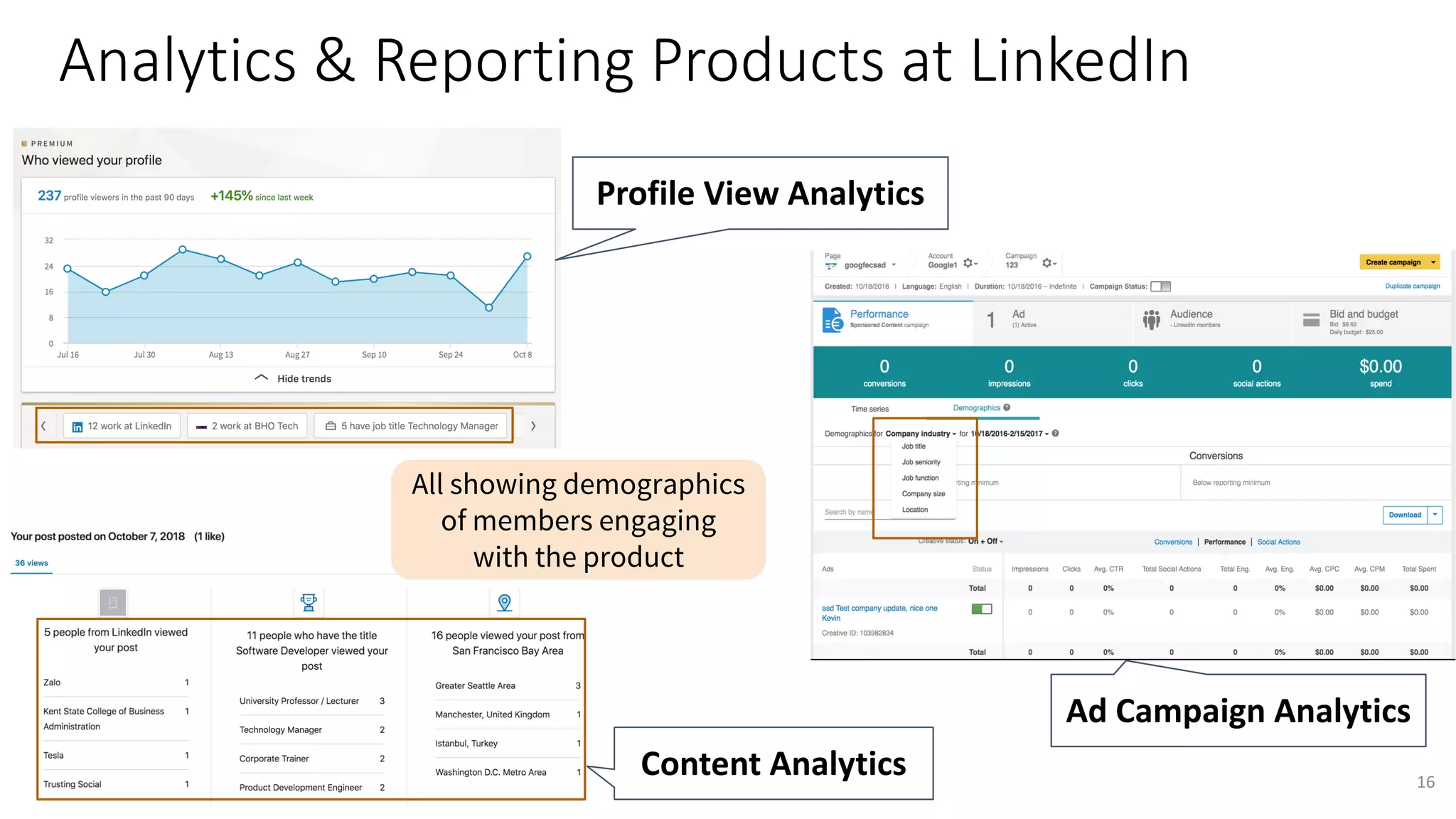 Analytics & Reporting Products at LinkedIn
Profile View Analytics
16
Content Analytics
Ad Campaign Analytics
All showing demographics
of members engaging
with the product
 