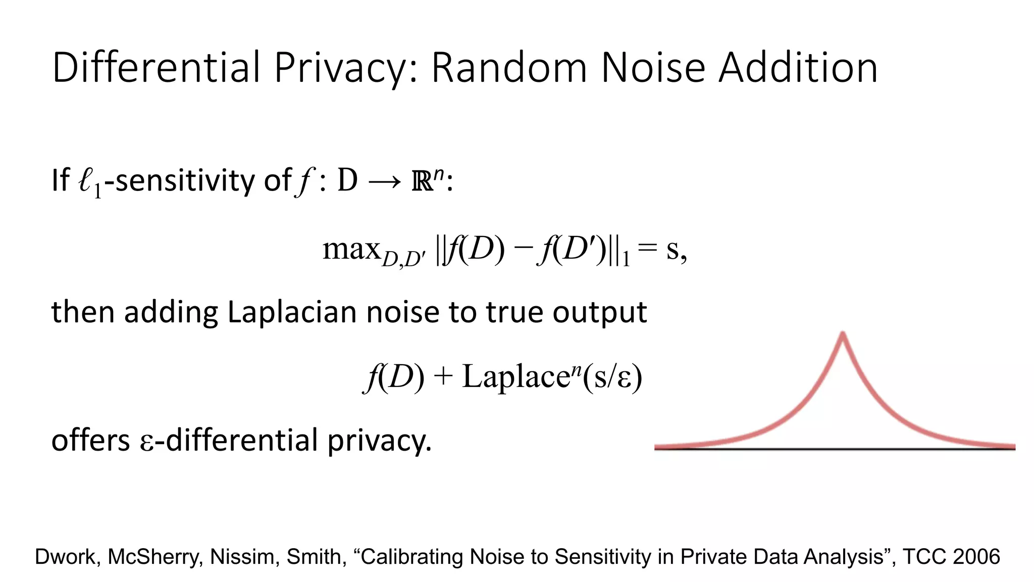 Differential Privacy: Random Noise Addition
If ℓ1-sensitivity of f : D → ℝn:
maxD,D′ ||f(D) − f(D′)||1 = s,
then adding Laplacian noise to true output
f(D) + Laplacen(s/ε)
offers ε-differential privacy.
Dwork, McSherry, Nissim, Smith, “Calibrating Noise to Sensitivity in Private Data Analysis”, TCC 2006
 