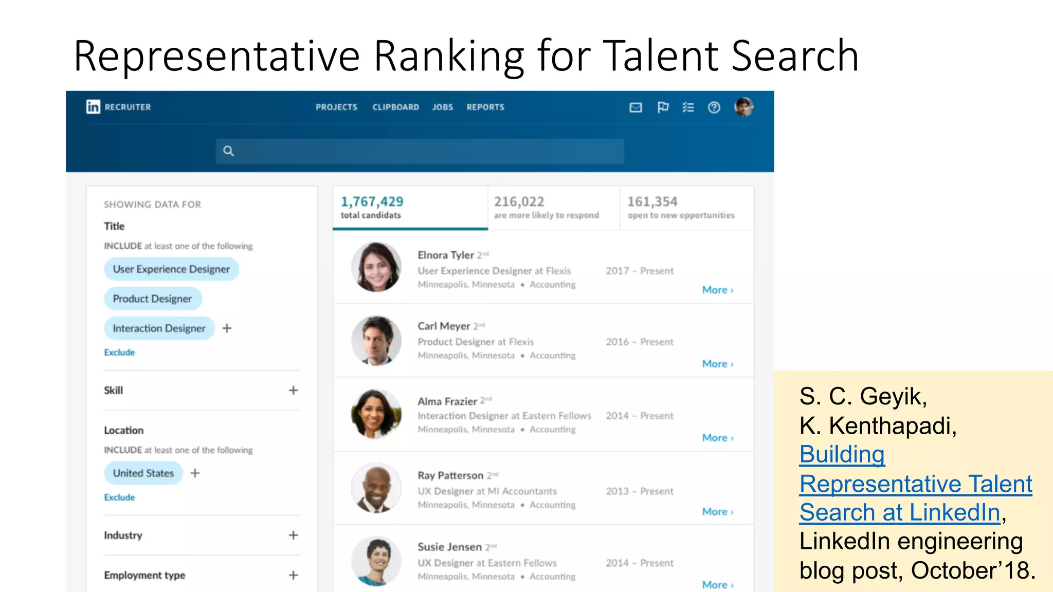 Representative Ranking for Talent Search
S. C. Geyik,
K. Kenthapadi,
Building
Representative Talent
Search at LinkedIn,
LinkedIn engineering
blog post, October’18.
 