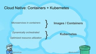 @jdrawlings @bobcatwilson
Cloud Native: Containers + Kubernetes
}Microservices in containers Images / Containers
Dynamical...