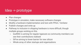 ● Plan changes
● Prototype in simulator, make necessary software changes
● Modify a hardware implementation and test with FPGA / Verilator
● Publish changes and write up
● Pathway to inclusion in shipping hardware is more difficult, though
multiple groups working on this
○ lowRISC is aiming for regular tapeouts so community members can
see their contributions realised
○ SiFive aiming to lower barrier for new silicon
○ Whole array of other startups and organisations
Idea -> prototype
16
 