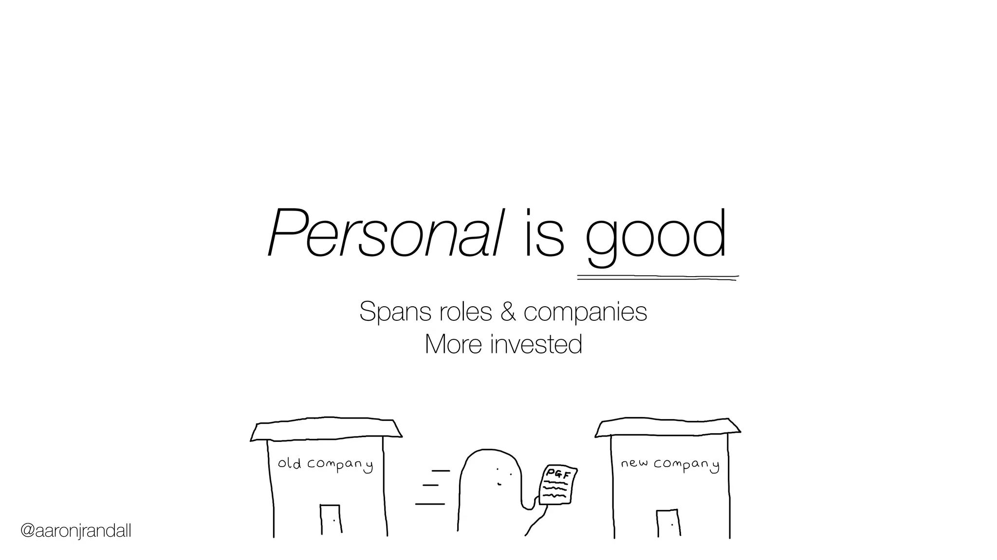 Personal is good
old company new company
Spans roles & companies
More invested
@aaronjrandall
 