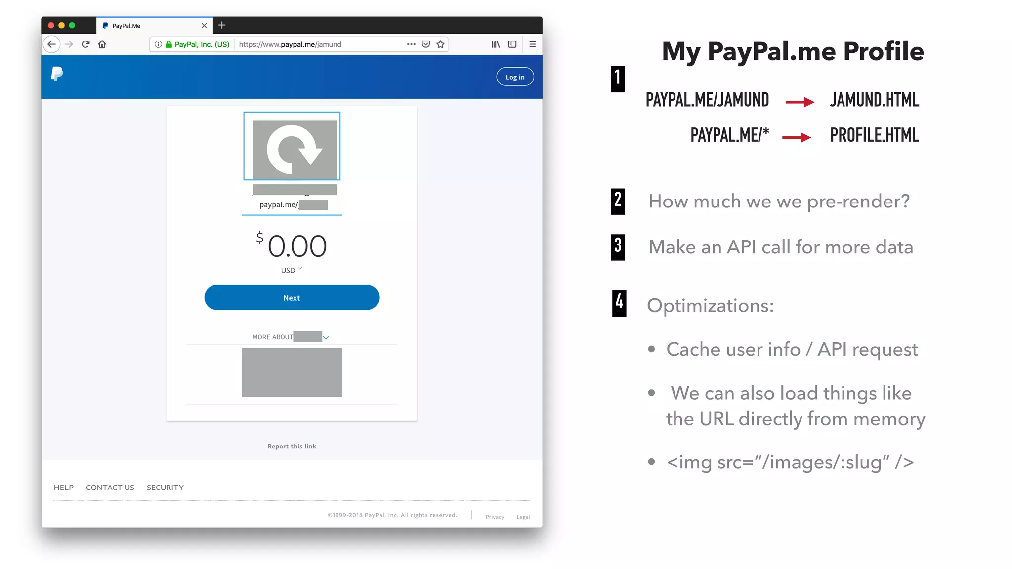 My PayPal.me Proﬁle
PAYPAL.ME/JAMUND JAMUND.HTML
PAYPAL.ME/* PROFILE.HTML
1
2 How much we we pre-render?
Make an API call for more data3
Optimizations:
• Cache user info / API request
• We can also load things like
the URL directly from memory
• <img src=“/images/:slug” />
4
 