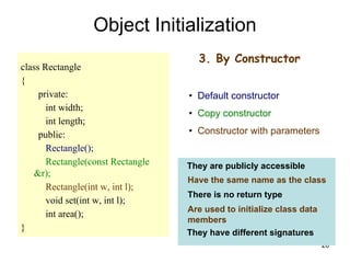 26
class Rectangle
{
private:
int width;
int length;
public:
Rectangle();
Rectangle(const Rectangle
&r);
Rectangle(int w, int l);
void set(int w, int l);
int area();
}
Object Initialization
3. By Constructor
• Default constructor
• Copy constructor
• Constructor with parameters
There is no return type
Are used to initialize class data
members
Have the same name as the class
They are publicly accessible
They have different signatures
 