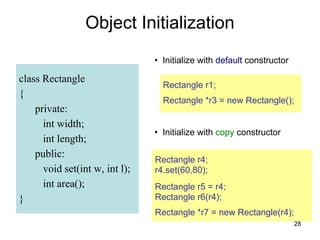 28
class Rectangle
{
private:
int width;
int length;
public:
void set(int w, int l);
int area();
}
Object Initialization
• Initialize with default constructor
Rectangle r1;
Rectangle *r3 = new Rectangle();
• Initialize with copy constructor
Rectangle r4;
r4.set(60,80);
Rectangle r5 = r4;
Rectangle r6(r4);
Rectangle *r7 = new Rectangle(r4);
 
