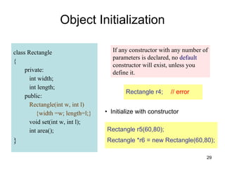 29
class Rectangle
{
private:
int width;
int length;
public:
Rectangle(int w, int l)
{width =w; length=l;}
void set(int w, int l);
int area();
}
Object Initialization
If any constructor with any number of
parameters is declared, no default
constructor will exist, unless you
define it.
Rectangle r4; // error
• Initialize with constructor
Rectangle r5(60,80);
Rectangle *r6 = new Rectangle(60,80);
 
