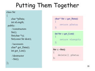 35
Putting Them Together
class Str
{
char *pData;
int nLength;
public:
//constructors
Str();
Str(char *s);
Str(const Str &str);
//accessors
char* get_Data();
int get_Len();
//destructor
~Str();
};
char* Str :: get_Data()
{
return pData;
};
Str :: ~Str()
{
delete[] pData;
};
int Str :: get_Len()
{
return nLength;
};
 