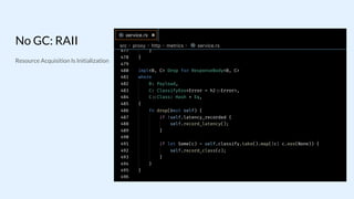 No GC: RAII
Resource Acquisition Is Initialization
 