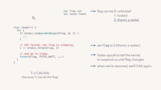 set flag to 2 (there’s a waiter)
ﬂag can be 0: unlocked 
1: locked
2: there’s a waiter
futex syscall to tell the kernel
to suspend us until ﬂag changes.
when we’re resumed, we’ll CAS again.
var flag int
var tasks Tasks
func reader() {
for {
if atomic.CompareAndSwap(&flag, 0, 1) {
...
} 
// CAS failed, set flag to sleeping.
v := atomic.Xchg(&flag, 2)
// and go to sleep.
futex(&flag, FUTEX_WAIT, ...) 
}
}
T1’s CAS fails 
(because T2 has set the ﬂag)
T1
 
