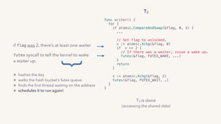 func writer() {
for {
if atomic.CompareAndSwap(&flag, 0, 1) {
...  
// Set flag to unlocked.
v := atomic.Xchg(&flag, 0)
if v == 2 {
// If there was a waiter, issue a wake up.
futex(&flag, FUTEX_WAKE, ...)
}
return
} 
v := atomic.Xchg(&flag, 2)
futex(&flag, FUTEX_WAIT, …)
}
}
if flag was 2, there’s at least one waiter
futex syscall to tell the kernel to wake
a waiter up.
hashes the key
walks the hash bucket’s futex queue
ﬁnds the ﬁrst thread waiting on the address
schedules it to run again!
}
T2 is done 
(accessing the shared data)
T2
 