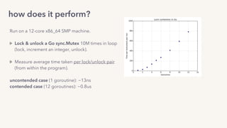 how does it perform?
Run on a 12-core x86_64 SMP machine. 
Lock & unlock a Go sync.Mutex 10M times in loop 
(lock, increment an integer, unlock). 
Measure average time taken per lock/unlock pair 
(from within the program).
uncontended case (1 goroutine): ~13ns
contended case (12 goroutines): ~0.8us
 
