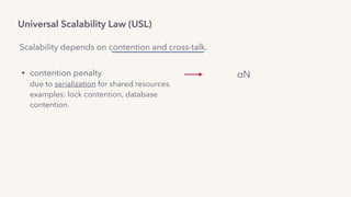 Universal Scalability Law (USL)
• contention penalty 
due to serialization for shared resources. 
examples: lock contention, database
contention. 
• crosstalk penalty 
due to coordination for coherence.
examples: servers coordinating to synchronize 
mutable state.
αN
Scalability depends on contention and cross-talk.
 