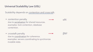 Universal Scalability Law (USL)
• contention penalty 
due to serialization for shared resources. 
examples: lock contention, database
contention. 
• crosstalk penalty 
due to coordination for coherence.
examples: servers coordinating to synchronize 
mutable state.
αN
Scalability depends on contention and cross-talk.
βN2
 