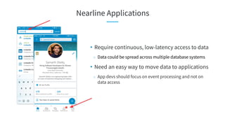 Nearline Applications
• Require continuous, low-latency access to data
○ Data could be spread across multiple database systems
• Need an easy way to move data to applications
○ App devs should focus on event processing and not on
data access
 