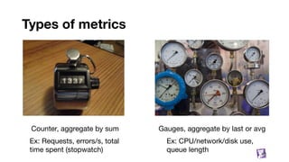 Types of metrics
50
Counter, aggregate by sum Gauges, aggregate by last or avg
Ex: Requests, errors/s, total
time spent (stopwatch)
Ex: CPU/network/disk use,
queue length
 