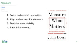 Alignment
OKRs
Briefs
Roadmaps
1. Focus and commit to priorities
2. Align and connect for teamwork
3. Track for accountability
4. Stretch for amazing
39
 