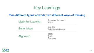 Key Learnings
48
Two different types of work; two different ways of thinking
Maximize Learning
Accelerate discovery
MVPs
Better Ideas
Idea flow
Collective intelligence
Alignment
OKRs
Briefs
Roadmap
 