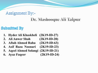 1. Hyder Ali Khaskheli (2K19-ID-27)
2. Ali Anwer Shah (2K19-ID-20)
3. Aftab Ahmed Rahu (2K19-ID-63)
4. Asif Raza Noonari (2K19-ID-23)
5. Aqeel Ahmed Solangi (2K19-ID-21)
6. Ayaz Faqeer (2K19-ID-24)
 