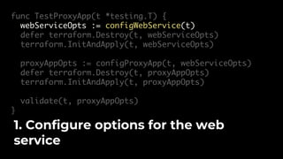 func TestProxyApp(t *testing.T) {
webServiceOpts := configWebService(t)
defer terraform.Destroy(t, webServiceOpts)
terraform.InitAndApply(t, webServiceOpts)
proxyAppOpts := configProxyApp(t, webServiceOpts)
defer terraform.Destroy(t, proxyAppOpts)
terraform.InitAndApply(t, proxyAppOpts)
validate(t, proxyAppOpts)
}
1. Configure options for the web
service
 