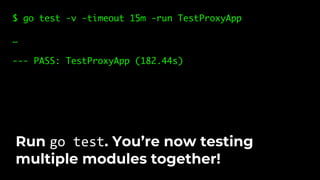 $ go test -v -timeout 15m -run TestProxyApp
…
--- PASS: TestProxyApp (182.44s)
Run go test. You’re now testing
multiple modules together!
 