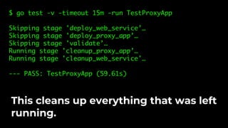 $ go test -v -timeout 15m -run TestProxyApp
Skipping stage 'deploy_web_service’…
Skipping stage 'deploy_proxy_app’…
Skipping stage 'validate’…
Running stage 'cleanup_proxy_app’…
Running stage 'cleanup_web_service'…
--- PASS: TestProxyApp (59.61s)
This cleans up everything that was left
running.
 