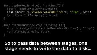 func deployWebService(t *testing.T) {
opts := configWebServiceOpts(t)
test_structure.SaveTerraformOptions(t, "/tmp", opts)
terraform.InitAndApply(t, opts)
}
func cleanupWebService(t *testing.T) {
opts := test_structure.LoadTerraformOptions(t, "/tmp")
terraform.Destroy(t, opts)
}
So to pass data between stages, one
stage needs to write the data to disk…
 