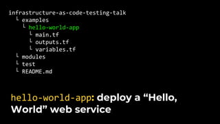 infrastructure-as-code-testing-talk
└ examples
└ hello-world-app
└ main.tf
└ outputs.tf
└ variables.tf
└ modules
└ test
└ README.md
hello-world-app: deploy a “Hello,
World” web service
 