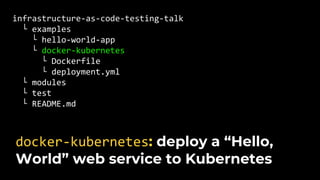 infrastructure-as-code-testing-talk
└ examples
└ hello-world-app
└ docker-kubernetes
└ Dockerfile
└ deployment.yml
└ modules
└ test
└ README.md
docker-kubernetes: deploy a “Hello,
World” web service to Kubernetes
 