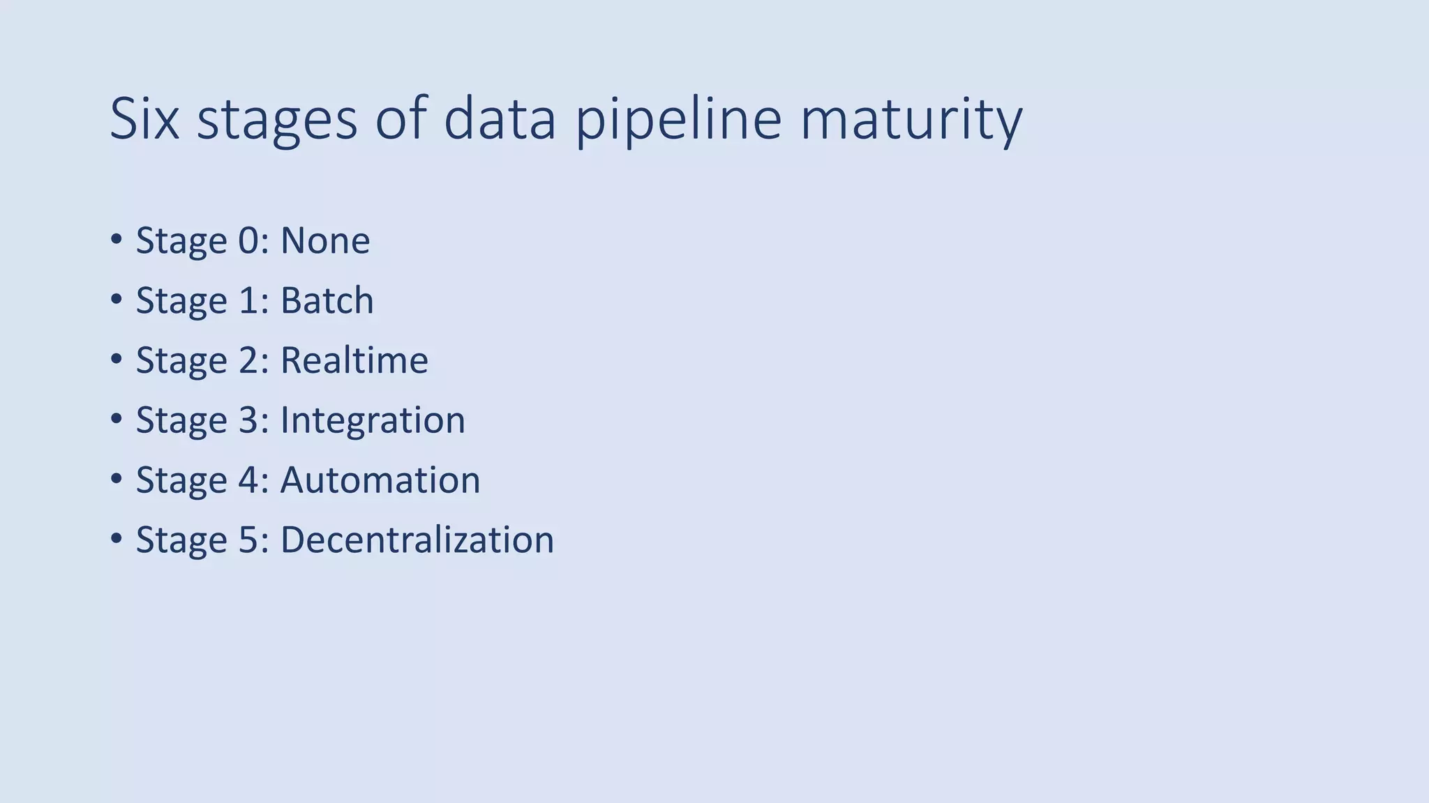 Six stages of data pipeline maturity
• Stage 0: None
• Stage 1: Batch
• Stage 2: Realtime
• Stage 3: Integration
• Stage 4: Automation
• Stage 5: Decentralization
 