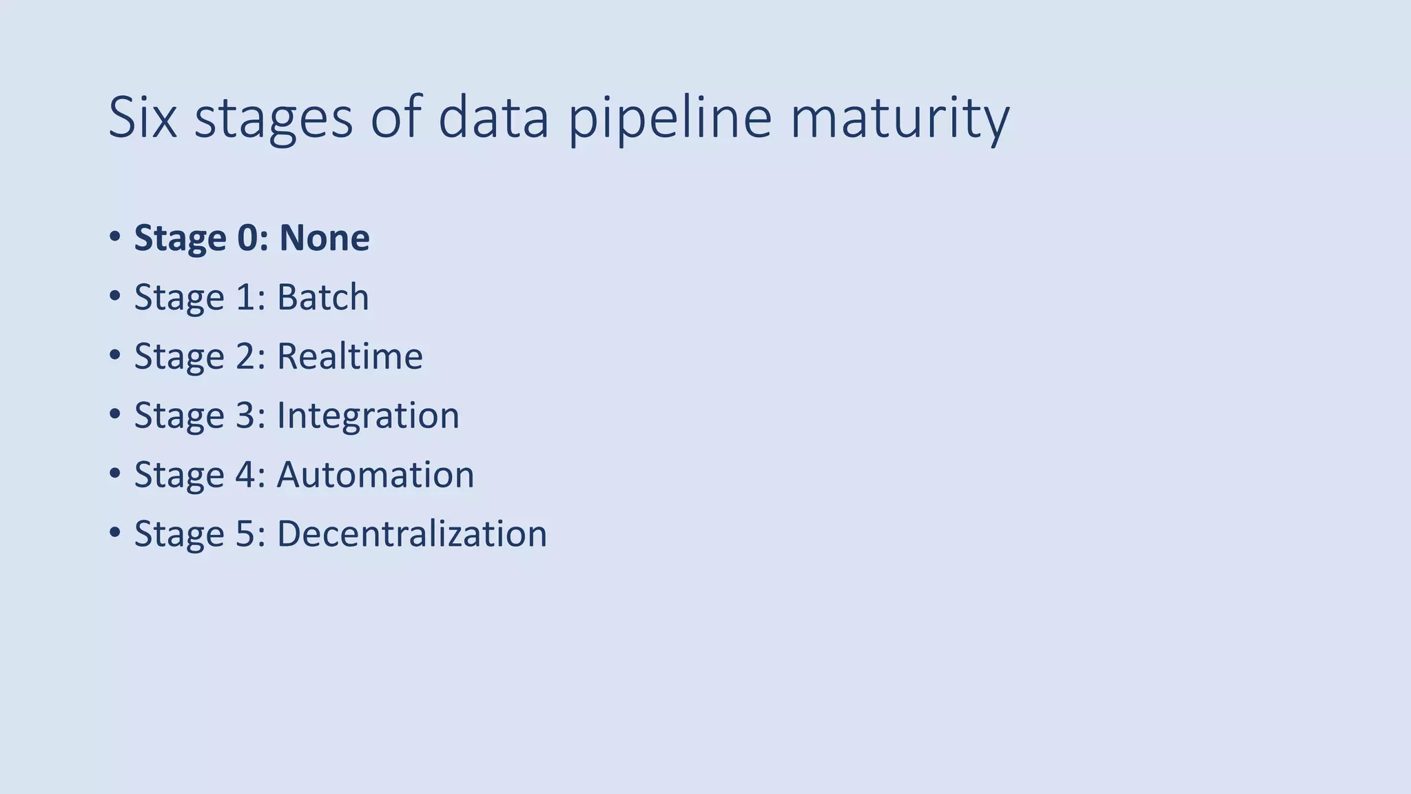 Six stages of data pipeline maturity
• Stage 0: None
• Stage 1: Batch
• Stage 2: Realtime
• Stage 3: Integration
• Stage 4: Automation
• Stage 5: Decentralization
 