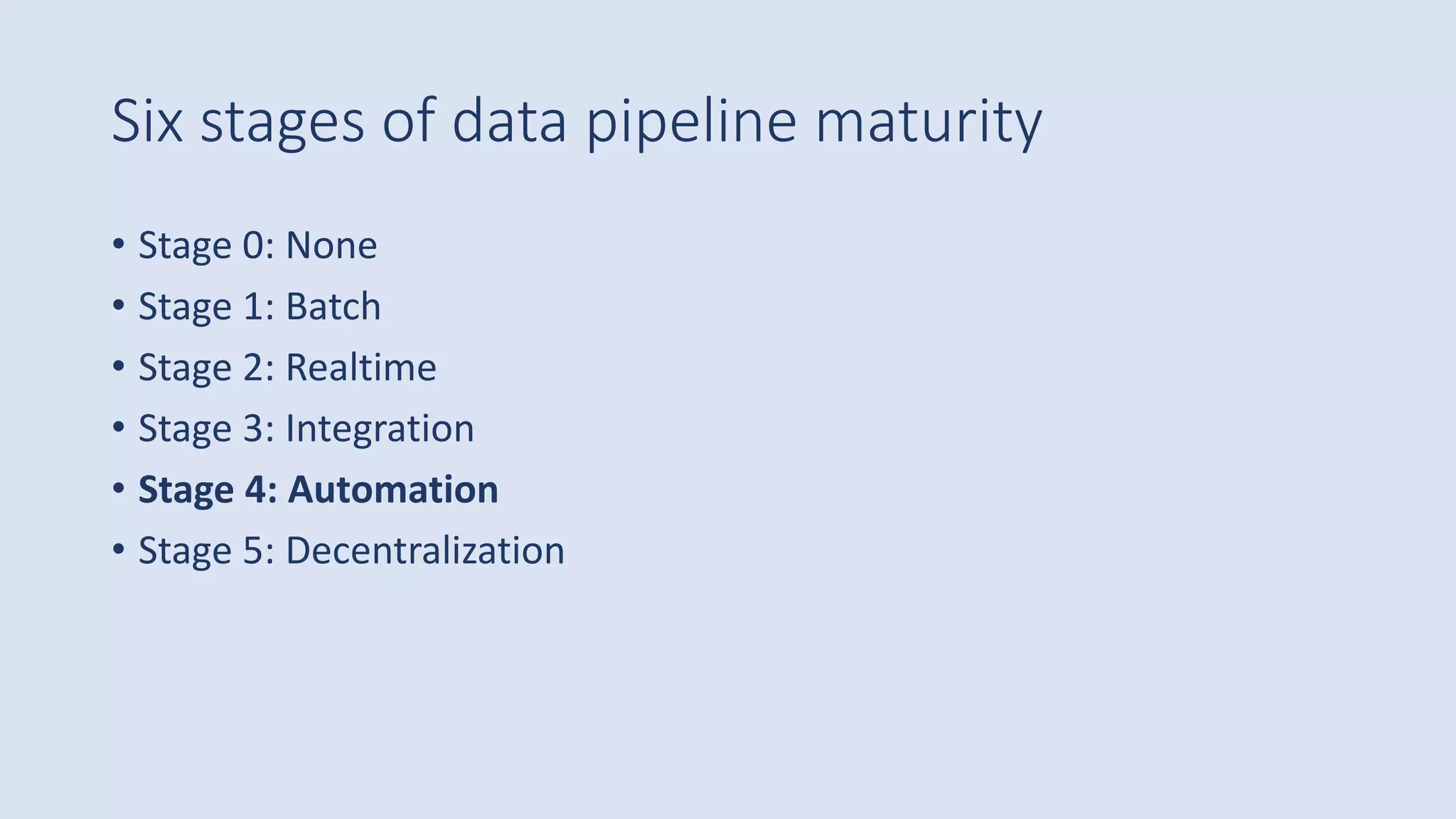 Six stages of data pipeline maturity
• Stage 0: None
• Stage 1: Batch
• Stage 2: Realtime
• Stage 3: Integration
• Stage 4: Automation
• Stage 5: Decentralization
 