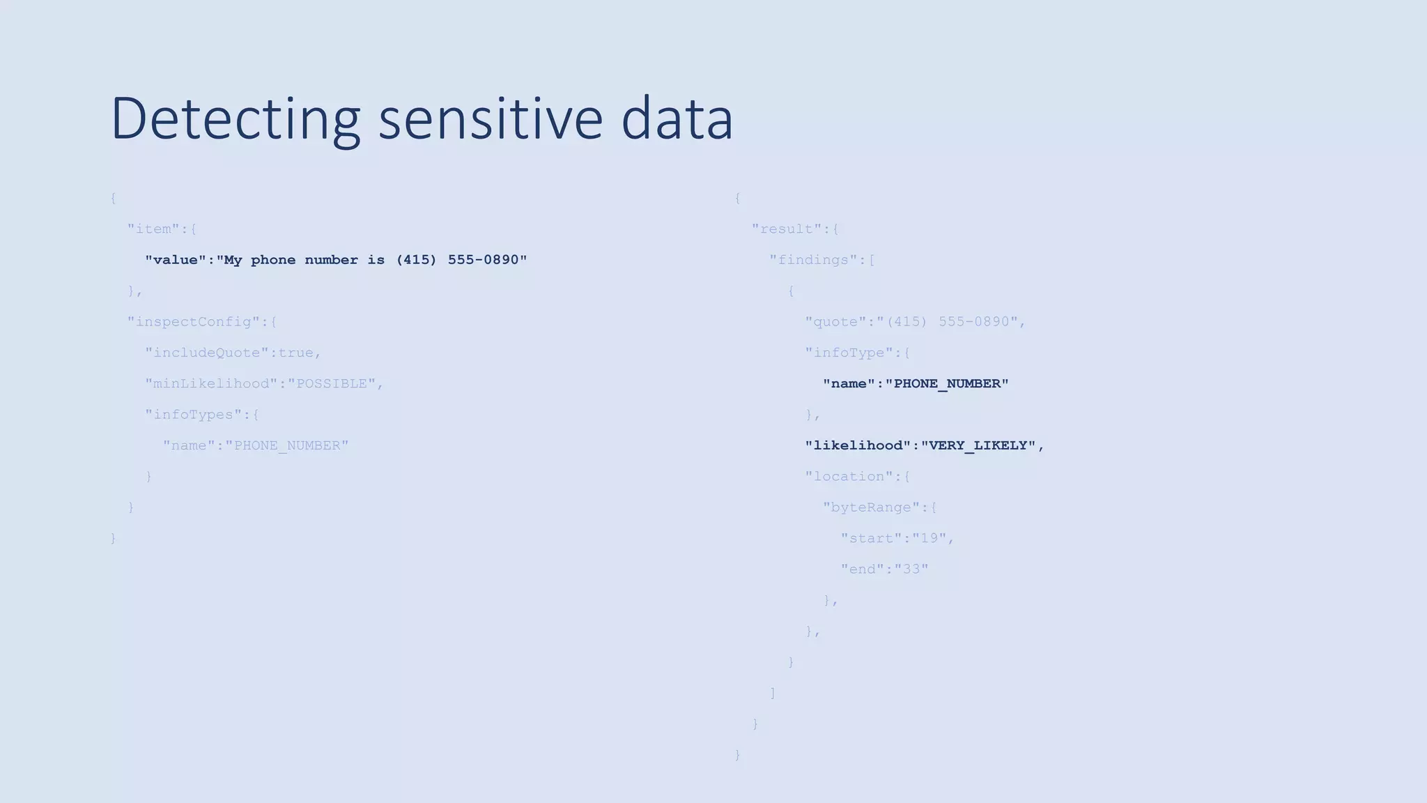 Detecting sensitive data
{
"item":{
"value":"My phone number is (415) 555-0890"
},
"inspectConfig":{
"includeQuote":true,
"minLikelihood":"POSSIBLE",
"infoTypes":{
"name":"PHONE_NUMBER"
}
}
}
{
"result":{
"findings":[
{
"quote":"(415) 555-0890",
"infoType":{
"name":"PHONE_NUMBER"
},
"likelihood":"VERY_LIKELY",
"location":{
"byteRange":{
"start":"19",
"end":"33"
},
},
}
]
}
}
 